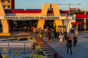 Mexican and foreign tourists in ferry to Caribbean beaches of Isla Mujeres near Cancun, Quintana Roo state,Mexico