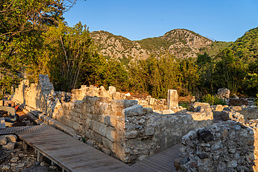 Views of the ruins of the archaeological site of Olympos on the Turquoise coast around the beach of Çireli, near Antalya, Turkey