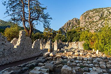 Views of the ruins of the archaeological site of Olympos on the Turquoise coast around the beach of Çireli, near Antalya, Turkey