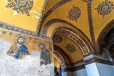 Views and visitors to the Byzantine mosaic portraits at Aya Sofya Mosque in Istanbul, Turkey, Türkiye