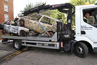 Damage caused by rioters in Hackney, London, UK ;