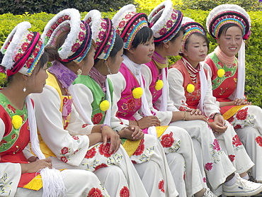 China ethnic bei women dressed in traditional costume in dali, yunnan province