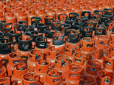 Uk. Calor gas bottles in a depot in tower hamlets, london, england.