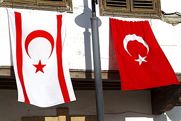 Cyprus. Flags of the Turkish controlled northern part of Cyprus along the Turkish national flag