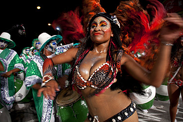 Traditional Murgas and samba schools during the Llamadas procession that starts the carnival in Montevideo, Uruguay, South America