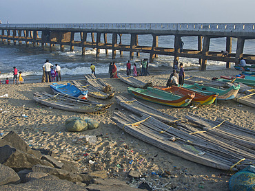 Fishing boats on the beach at the French union territory of Pondicherry, Tamil Nadu, India, Asia