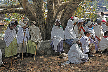 Pilgrims during the Easter Orthodox Christian religious celebrations in the ancient rock-hewn churches of Lalibela, Ethiopia, Africa