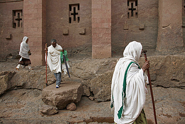 Pilgrims during the Easter Orthodox Christian religious celebrations in the ancient rock-hewn churches of Lalibela, Ethiopia, Africa