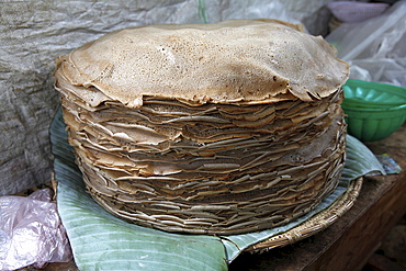 A plate with injera, made of teff flour, the national dish and staple diet of Ethiopia, Africa