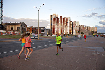 People exercising along the coastal road in Montevideo, Uruguay, South America