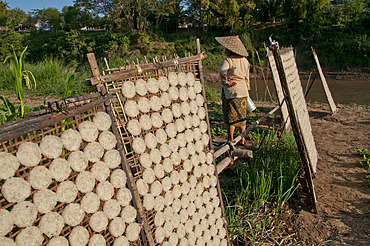 LAOSFARMER AND RICE CAKES DRYING IN THE SUN IN A FIELD IN LUANG PRABANG.