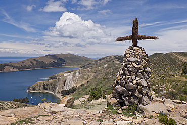 Cross and altar on island of the Sun on Lake Titicaca, Bolivia, South America