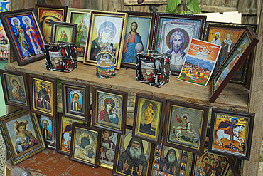 Icons for sale outside the Bodbe Christian Orthodox Monastery near Signagi, Georgia, Central Asia, Asia