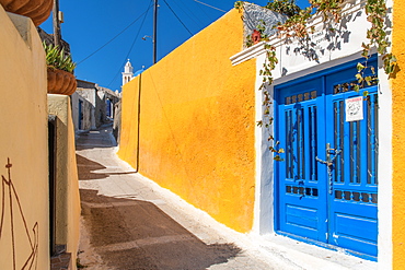 Street scene and blue doors, Santorini, Cyclades, Aegean Islands, Greek Islands, Greece, Europe