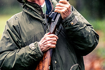 Hands holding a gun ready to shoot, United Kingdom, Europe