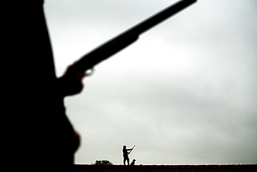 Black and white silhouette image of a gun and his dog, United Kingdom, Europe