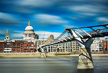 Millennium Bridge and St. Pauls Cathedral across the River Thames, London, England, United Kingdom, Europe