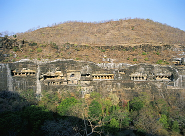 Early morning view of the caves, Ajanta, UNESCO World Heritage Site, Maharashtra state, India, Asia