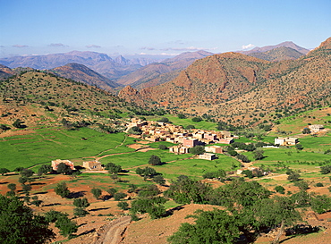 Village and fields in the hills east of Tiznit, towards the Col du Kerdous and Tafraoute in the anti Atlas region of Morocco, North Africa, Africa