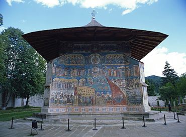 West end, with Last Judgement painting dating from 1547 to 1550, Voronet Monastery, UNESCO World Heritage Site, North West Moldavia (South Bucovina), Romania, Europe