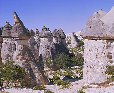 Rock formations resulting from differential erosion, Goreme Valley, Cappadocia, Anatolia, Turkey, Asia Minor, Asia