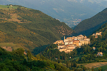 View of the village of Preci at sunset, Valnerina, Umbria, Italy, Europe