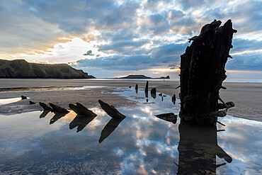 Helvetia shipwreck at low tide, Rhossili Bay, Gower Peninsula, South Wales, United Kingdom, Europe