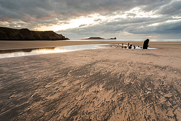 Beach and Helvetia shipwreck at low tide, Rhossili Bay, Gower Peninsula, South Wales, United Kingdom, Europe