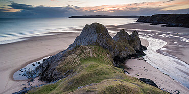 Three Cliffs Bay at sunset, Gower Peninsula, South Wales, United Kingdom, Europe