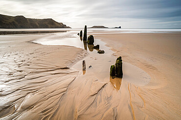 Helvetia shipwreck at low tide, Rhossili Bay, Gower Peninsula, South Wales, United Kingdom, Europe