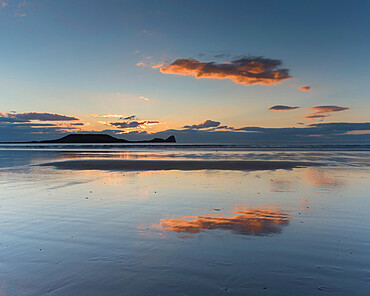 Rhossili Beach at sunset, Gower Peninsula, South Wales, United Kingdom, Europe