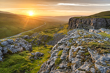 Limestone escarpment looking towards Oxnop Ghyll, at sunset, Yorkshire Dales, Yorkshire, England, United Kingdom, Europe