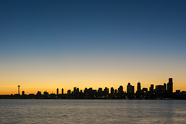 Seattle skyline at dawn, as seen from Alki Beach, Seattle, Washington State, United States of America, North America