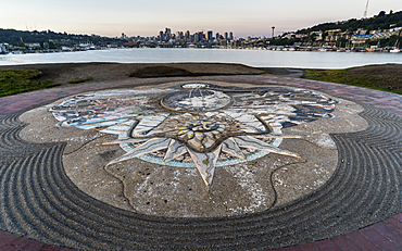 Sundial and skyline across Lake Union, Gas Works Park, Seattle, Washington State, United States of America, North America