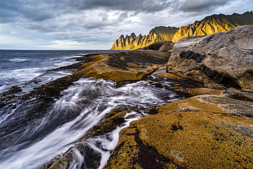 Rock formations and evening light on Devil's Teeth Mountains, Tungeneset, Senja, Norway, Scandinavia, Europe