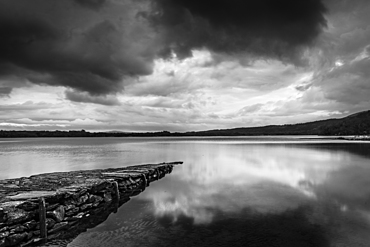 Stone slipway and lake at dawn in autumn, Lough Lenae, Killarney National Park, County Kerry, Munster, Republic of Ireland, Europe