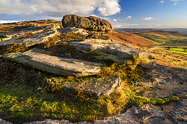 View from Stanage Edge, evening light in autumn, Peak District National Park, Derbyshire, England, United Kingdom, Europe