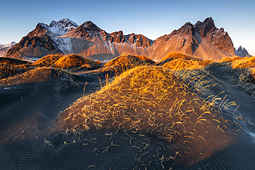 Sand dunes and Vestrahorn Mountains from Stokksnes beach, Iceland, Polar Regions