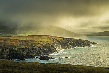 Rain sweeping across cliff tops, Dingle Peninsula, County Kerry, Munster, Republic of Ireland (Eire), Europe