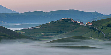 View of the Piano Grande towards Castelluccio, at dawn, Umbria, Italy, Europe