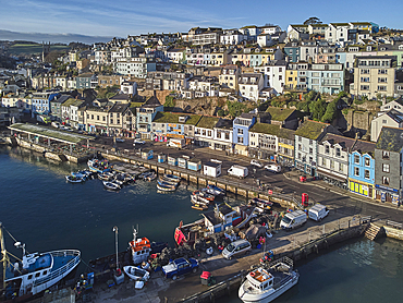 The inner harbour at Brixham, one of Britain's busiest fishing harbours, in Torbay, Devon, Great Britain.