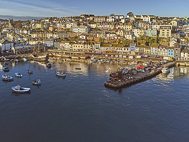 The inner harbour at Brixham, one of Britain's busiest fishing harbours, in Torbay, Devon, Great Britain.