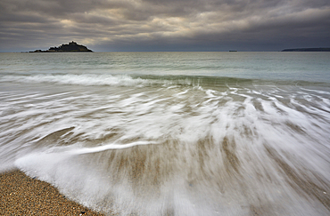 St Michael's Mount in early morning light, seen from the beach at Marazion, near Penzance, Cornwall, Great Britain.