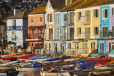 Harbourfront buildings along the edge of the Back Beach, beside the harbour in the estuary of the River Teign, in Teignmouth, Devon, Great Britain.