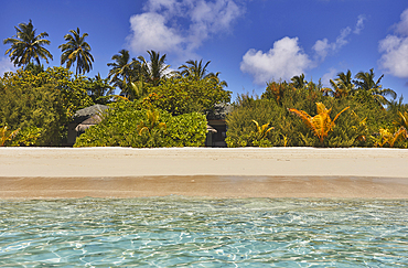 Pristine shallow waters lap against the white coral sand of a tropical beach; Havodda Island, in the far south of the Maldives, Gaafu Dhaalu atoll, Indian Ocean.