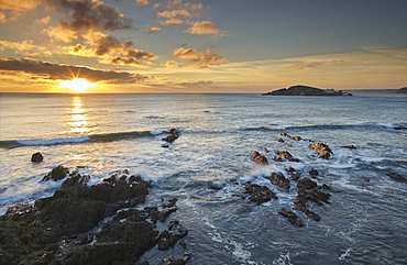 Sunset on the south coast of Devon, seen from Bantham and looking over Burgh Island, Devon, England, United Kingdom, Europe