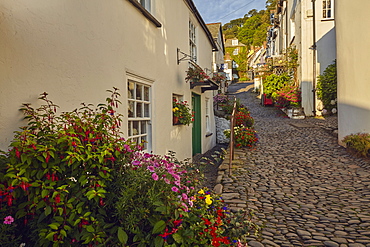 Steep streets and classic cottages at an iconic coastal village, Clovelly, on Devon's north coast, Devon, England, United Kingdom, Europe