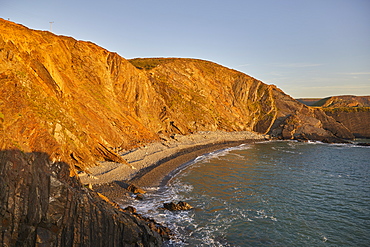 The cliffs of Devon's Atlantic coast, at Hartland Quay, seen during a calm evening sunset, Devon, England, United Kingdom, Europe