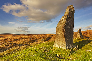 Ancient prehistoric standing stones in a stone circle, Scorhill Stone Circle, Dartmoor National Park, Devon, England, United Kingdom, Europe