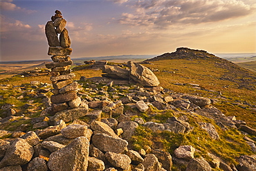 Granite boulders on the summit of Rough Tor, one of the highest points of Bodmin Moor, lit by evening sunlight, north Cornwall, England, United Kingdom, Europe